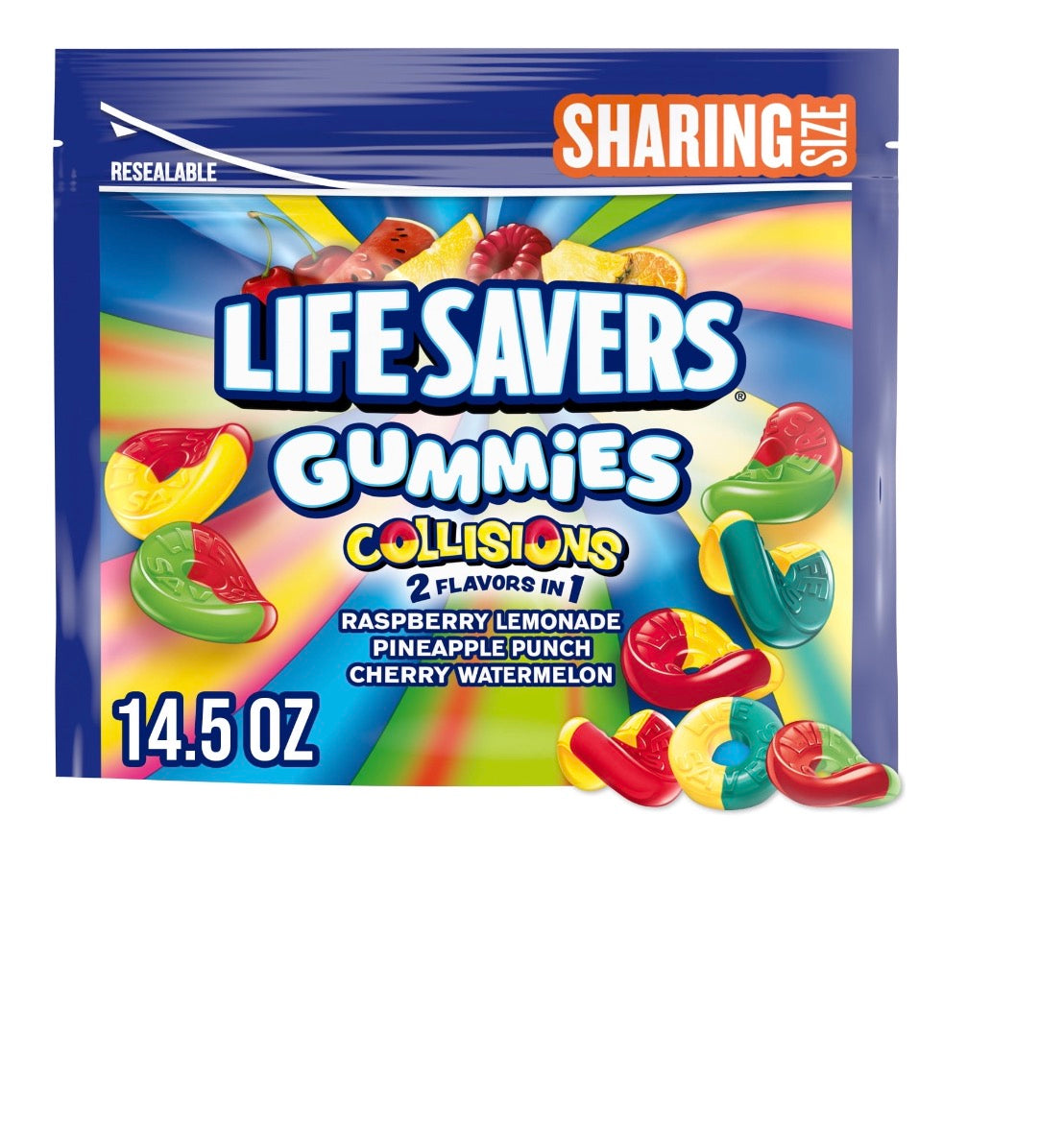 Life Savers Gummies Collisions Mezcla de Frutas y Dulces de Goma, Tamaño para Compartir: Bolsa Resellable de 14.5 oz