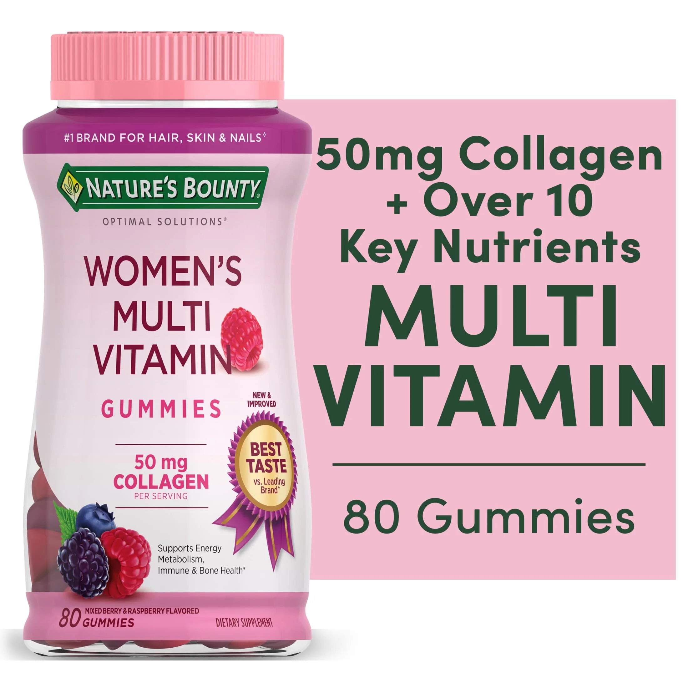 Nature's Bounty Soluciones Ptimas Gomitas Multivitamínicas para Mujeres, Suplemento, Sabor a Bayas y Frambuesa, 80 Unidades